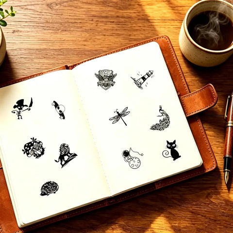 Zero Fuss Self Inking Craft Stamp Showing A Vintage Blank Clock Dial Design For Scrapbooking And Journal Projects That Amps Up Your Creative Flow With Super Clean Prints Every Time on an open notebook.