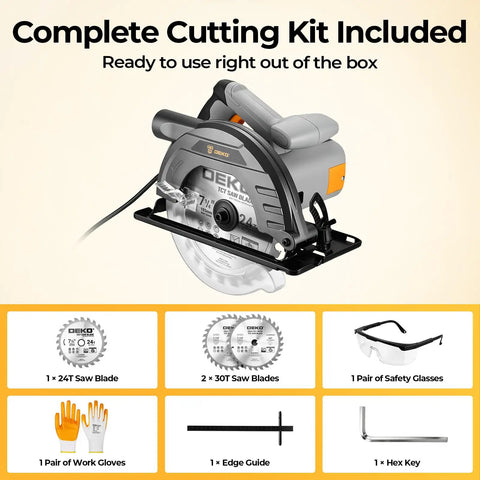 Pro Grade 7 1/4 Inch Circular Saw With A Powerhouse Motor That Slices Through Hardwood Lightweight Portable Design, complete cutting kit included.