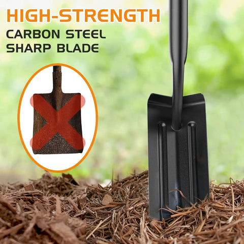 Heavy Duty Trench Shovel For Digging With 56 Inch Orange Fiberglass Handle And Narrow Spade, V Cut High Strength Steel blade