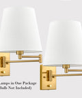 Gold Swing Arm Wall Sconces Two Pack Plug In Brass Wall Lights With White Fabric Shade and Adjustable Arms