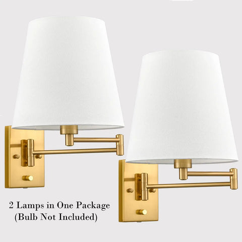 Gold Swing Arm Wall Sconces Two Pack Plug In Brass Wall Lights With White Fabric Shade and Adjustable Arms