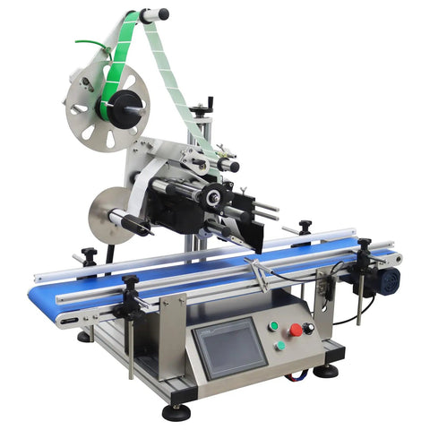 Top Shelf Automatic Desktop Conveyor Labeling Machine engineered for zero stress workflows, featuring touch panel and blue conveyor.