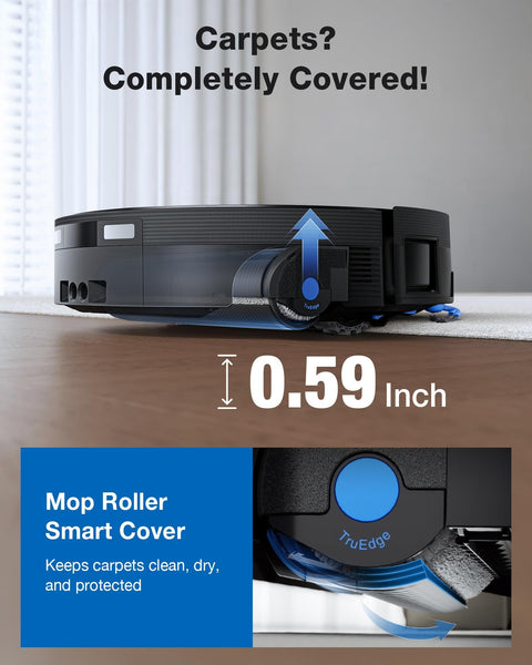 Side view of Omnicyclone Robot Vacuum And Mop with 22,000 Pa Blast Suction showing mop roller height and TruEdge feature