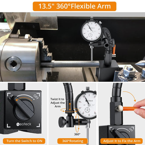 High-Precision 0 To 1 Inch Dial Indicator With 0.001 Inch Readout, 13.5 Inch Flexible Arm, 176 Lbs Magnetic Base in machining setup