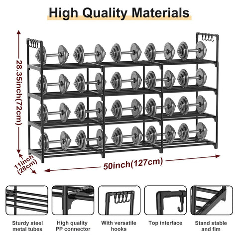 Heavy Duty Black Metal Shoe Rack With Four Tiers And Three Rows, showcasing four-tier design with hex dumbbells.