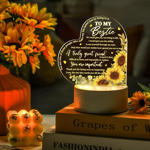 Acrylic Night Light Gift For Friends For Her Birthday Party Bestie BFF Sister Flower Lamp With Warm Colors LED Base A Chic Selfie Worthy Nightlight For Women And Teens, featuring heart-shaped acrylic with sunflower design and heartfelt message on wooden base.