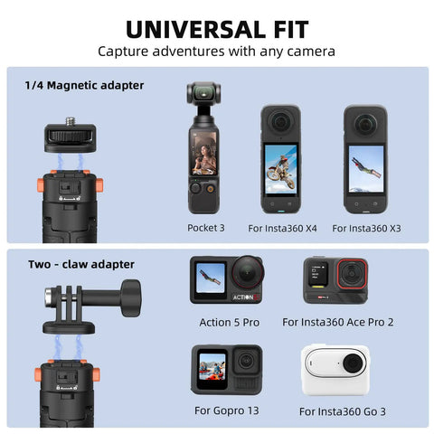 Universal fit camera adapters with Pocket 3, Insta360 X4/X3, Action 5 Pro, Insta360 Ace Pro 2, GoPro 13, and Insta360 Go 3.