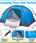 Blue camping tent with rainfly featuring mesh door, stakes, and guylines. Part of the Grab And Go All In One 11 Piece Camping Gear Set For One To Two People Including Tent Sleeping Bag Stainless Steel Mess Kit Waterproof Tarp And More For Backpacking Road Trips Beach Backyard Fun And Family Campouts.