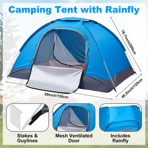 Blue camping tent with rainfly featuring mesh door, stakes, and guylines. Part of the Grab And Go All In One 11 Piece Camping Gear Set For One To Two People Including Tent Sleeping Bag Stainless Steel Mess Kit Waterproof Tarp And More For Backpacking Road Trips Beach Backyard Fun And Family Campouts.