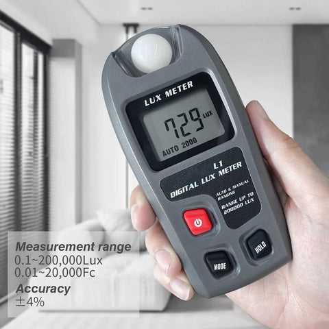 Auto Range Digital Light Meter With LCD Display Illuminance Tester Luxmeter For Pro Grade Light Measurement 0.1 To 200000 Lx And 0.01 To 20000 Fc Two Readings Per Second Easy Illuminance Meter For Photographers And Labs in hand