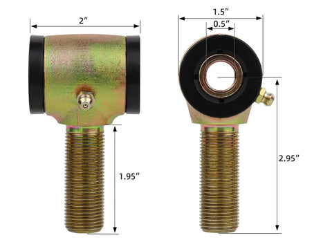 Three-Quarter Inch Threaded Bushing Kit for Four-Link Suspension and Replacing Worn Rod Ends and Suspension Bushings, Heavy-Duty Chromoly Polyurethane Bushing Set Includes Right and Left Hand Thread Bushings, Two Pack shown with measurements