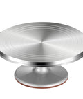 Front-angle view of 12-inch aluminium alloy rotating cake turntable with brushed finish and non-slip silicone bottom.