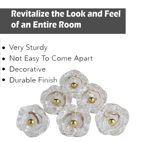 Set Of 6 Crystal Flower Cabinet Knobs In Daisy White, Glass Drawer Pulls arranged in a fan layout, highlighting design and durability.