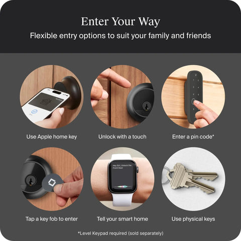 Rock Solid Smart Deadbolt With A Fully Hidden Build Flaunting A Sleek Matte Black Finish showing flexible entry methods including Apple Home Key.