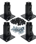 Premium 4-Pack Heavy Duty Aluminum Extrusion Corner Brackets With T Slots Perfect For Floor Mounting Frames Using 3030 Profiles And 8mm Rails Includes M6 Hardware, showing four black brackets and hardware.