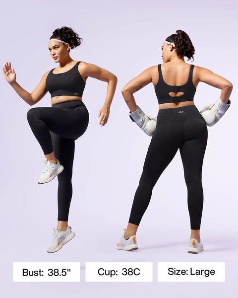 Front and back view of High Impact Zip Front Sports Bra For Women With Full Coverage Lift And Padded Support, size large, model active.