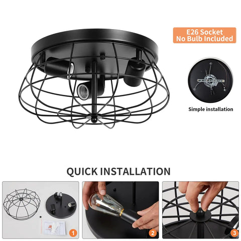 Dope Farmhouse Flush Mount Ceiling Light With Industrial Metal Cage Shade, 3 Light Black Finish, E26 Base, quick installation guide