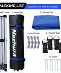 Packing list for 10 By 10 Pop Up Canopy Tent With Sand Weight Bag Freestanding Sun Shelter For Picnic And Camping including frame, cover bag, blue canopy top, ropes, and weight bags.