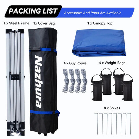 Packing list for 10 By 10 Pop Up Canopy Tent With Sand Weight Bag Freestanding Sun Shelter For Picnic And Camping including frame, cover bag, blue canopy top, ropes, and weight bags.
