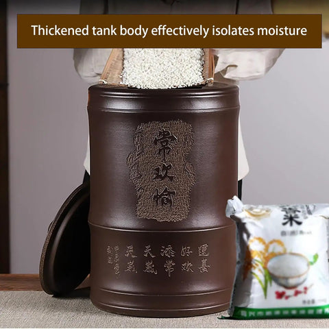 Legit Dope Old-School Ceramic Rice Canister With Tight Seal Lid, Extra Large Grain Dispenser for rice with thickened moisture-isolating body.