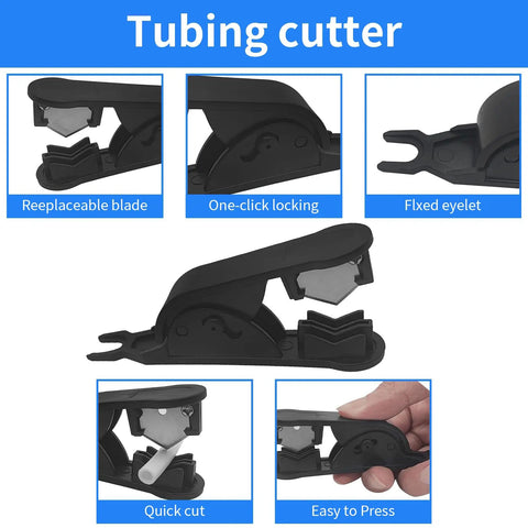 Quarter Inch Tool Free Quick Connect Water Line Fittings Kit For RO DI Systems Fridge And Ice Maker Push To Connect Plumbing Adapters With Ball Valve Tee L Y I Fittings And Professional Tubing Cutter 24 Pcs. Shown are detailed views of the tubing cutter with replaceable blade and one-click locking features.