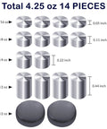 Derby Pinewood Car Weights Kit With 14 Cylindrical Tungsten Weights Across 4 Sizes, 4.25 Oz Total shown, sizes labeled.