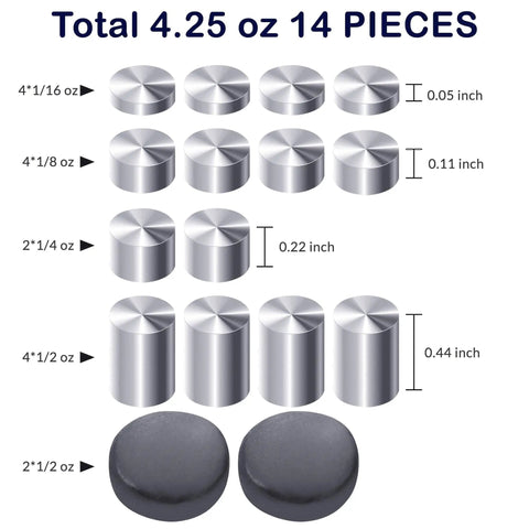 Derby Pinewood Car Weights Kit With 14 Cylindrical Tungsten Weights Across 4 Sizes, 4.25 Oz Total shown, sizes labeled.
