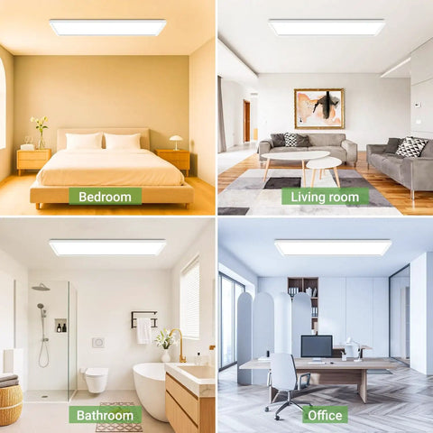 Flat Panel LED Light With Remote, 22.8x7.8 Inch installed in bedroom, living room, bathroom, and office settings