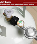 Two Foot Propane Hose With Regulator And Gauge, Universal Gas Grill Regulator With Three Eighths Inch Female Flare attached to tank