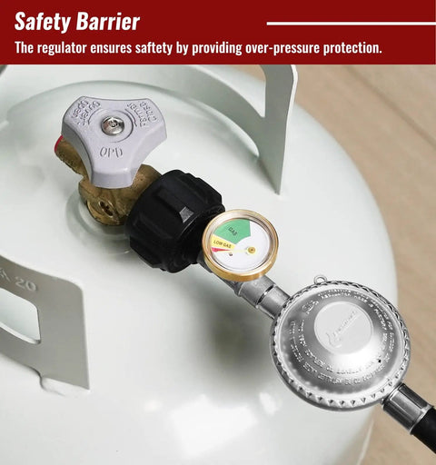 Two Foot Propane Hose With Regulator And Gauge, Universal Gas Grill Regulator With Three Eighths Inch Female Flare attached to tank
