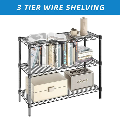 Adjustable Three Tier Metal Wire Shelving Unit In Sleek Black With Flexible Height Configuration Easy Peasy Assembly for books and decor.
