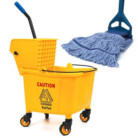 35 Quart Side Press Wringer Mop Bucket Set On Wheels With Industrial Mop For A Workhorse Heavy Duty Floor Cleaning Solution In Home Office Garage And Commercial Janitorial Use Rectangular