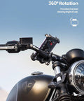 Heavy Duty Motorcycle Mount and Bike Phone Holder with One Hand Lock That Eats up Bumps, showing 360° rotation feature.