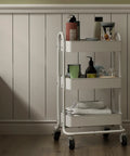 Three Tier Metal Rolling Cart With Wheels, Utility Cart On Casters For Office, Home, Kitchen Or Garden, White Finish, Lockable Casters For Stability