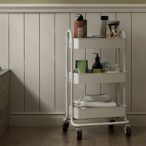 Three Tier Metal Rolling Cart With Wheels, Utility Cart On Casters For Office, Home, Kitchen Or Garden, White Finish, Lockable Casters For Stability