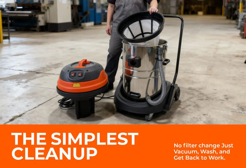 Professional Industrial Wet Dry Shop Vac With Dual 2000 Watt Motors And Massive 21 Gallon Tank, stainless steel, on a workshop floor.
