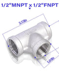 TL TOOLEGIN 1/2 MNPT x 1/2 FNPT stainless steel 304 tee pipe fitting, 3-way female, pack of 2