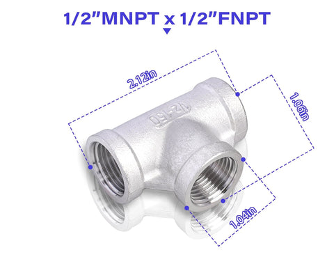 TL TOOLEGIN 1/2 MNPT x 1/2 FNPT stainless steel 304 tee pipe fitting, 3-way female, pack of 2