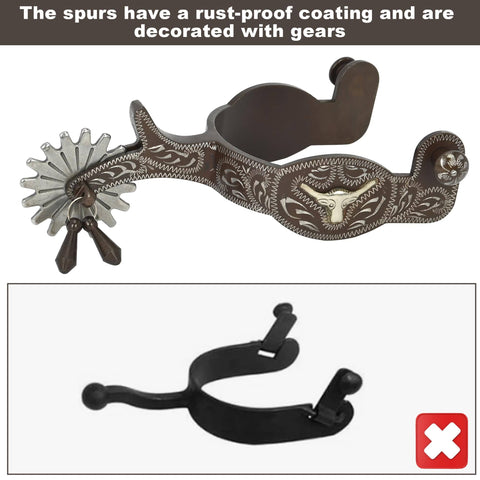 Western Antique Spurs For Horse Riding Hand Engraved Low Carbon Steel Spurs With Brass Inlays 75 To 78mm