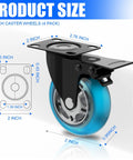 Angled view of a 2-inch plate caster wheel with locking brake, blue polyurethane wheel and metal mounting plate