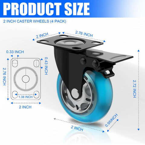 Angled view of a 2-inch plate caster wheel with locking brake, blue polyurethane wheel and metal mounting plate