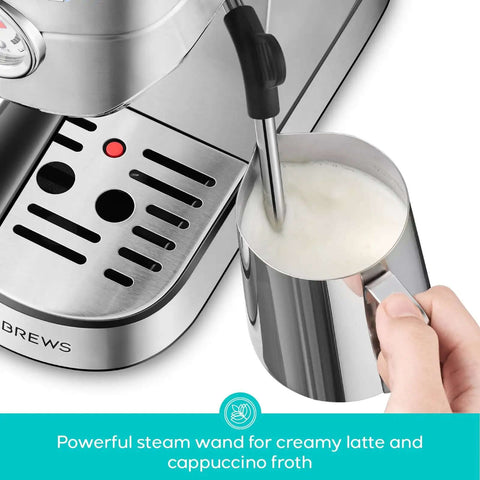 Compact 20 Bar Espresso Machine With Steam Milk Frother for Home Barista Vibes showing frothing milk in a jug, stainless steel design.