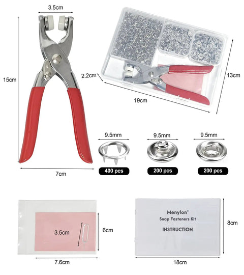 200 Piece Metal Snap Fasteners Kit With Tool 9.5mm No Sew Open Ring Prongs Rustproof And Machine Washable Press Studs for DIY