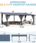 20x12 hardtop patio gazebo with curtains and netting, wall-mounted, showing furniture arrangement, dimensions included