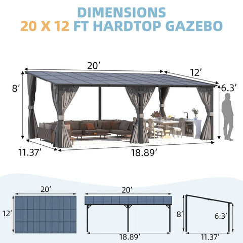 20x12 hardtop patio gazebo with curtains and netting, wall-mounted, showing furniture arrangement, dimensions included