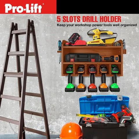 Front view of Wall Mounted Cordless Drill Organizer Rack with five hanging slots storing power tools next to a ladder.