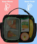 Green Lightning Bolts Insulated Lunch Bag For Kids, Women, And Men, Portable Cooler Tote With Shoulder Straps, Thermal Retention Aluminum Foil Lining, Spacious Main Compartment, Side Mesh Pockets, Ideal Office, Travel, School black insulated lunch bag with warm and fresh food display
