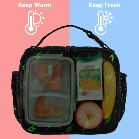 Green Lightning Bolts Insulated Lunch Bag For Kids, Women, And Men, Portable Cooler Tote With Shoulder Straps, Thermal Retention Aluminum Foil Lining, Spacious Main Compartment, Side Mesh Pockets, Ideal Office, Travel, School black insulated lunch bag with warm and fresh food display