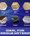 Image showing various materials like wood, MDF, oak, laminate, plastic, and aluminum ideal for Knockout Five Piece Cnc Wood Carving Router Bit Set.