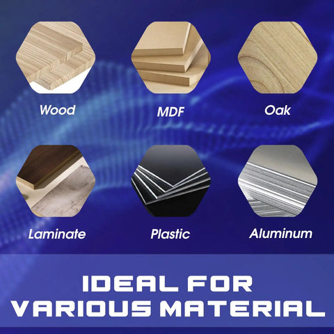 Image showing various materials like wood, MDF, oak, laminate, plastic, and aluminum ideal for Knockout Five Piece Cnc Wood Carving Router Bit Set.